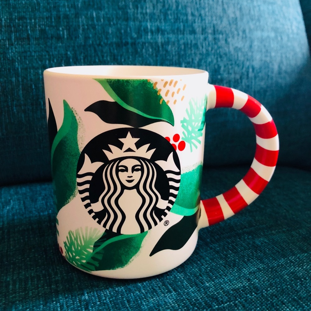 Starbucks Christmas Candy Cane Holly Leaf Mug 12oz